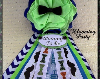 Bow Tie Mommy To Be Corsage Little Man Baby Shower Blue and Green Bow Tie Baby Shower Corsage Mom Badge Mustache Corsage