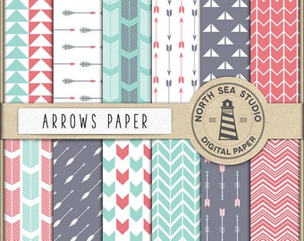 Arrows Scrapbooking Papers Teal And Red Digital Paper, Arrow Backgrounds, Red Teal Arrows Papers, Coupon Code: BUY5FOR8