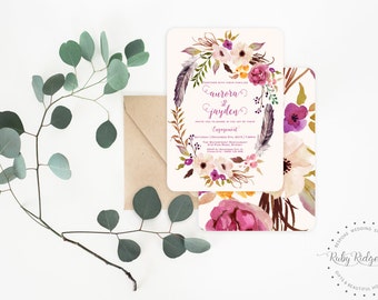 Printable Engagement Invitation | Romantic Watercolor Floral | Bohemian Floral Style | Wedding Invitation | DIY Printable Invitations
