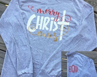 Monogrammed Merry CHRISTmas Long Sleeved Shirt, Christmas Shirt, Christmas Party Gift, Gifts For Her, Merry Christmas, Jesus & Christmas