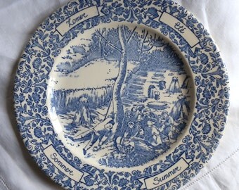 1970's English Ironstone Blue and White Scenic and Floral Plate