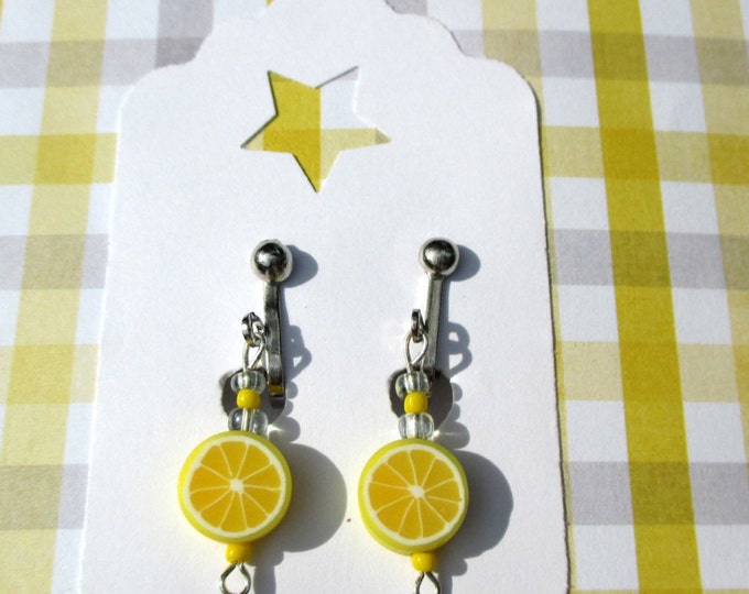 lemon earrings- lemon slice jewelry-clip on earrings-fruit jewelry-fruit posts-polymer clay-food earrings-cute gifts for kids-teen earrings
