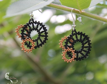 beaded earrings, seed bead earrings, seed bead jewelry, steampunk jewelry, dangle earrings, peyote stitch, beadwork earrings, beadweaving