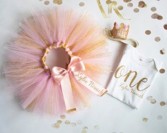 First Birthday Outfit Girl, Pink and Glitter Gold, 1st Smash Cake Party, Personalized, Birthday Tutu
