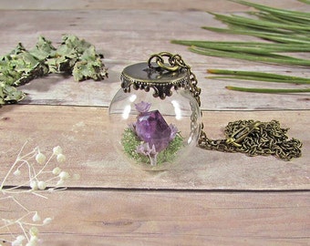 Terrarium necklace, crystal pendant, amethyst necklace, crystal terrarium, real flower necklace