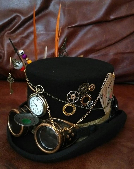 Steampunk Western Festival Black 100% Wool Top Hat Pocket Watch Goggles Grandfather Clock Hands Wheels Cards Mini Gun & Holster Key Cosplay by Mad4Hats steampunk buy now online