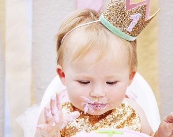 First Birthday Crown | 1st Birthday Girl Outfit for Cake Smash | Baby Girl First Birthday Outfit | 1st Birthday Hat | Gold Baby Pink Mint