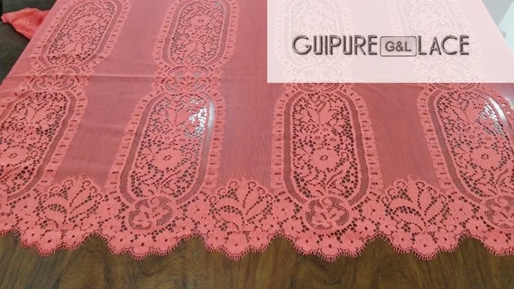 Pink lace fabric, Chantilly lace, French lace, Bridal lace Wedding lace Evening dress lace Scalloped Eyelash lace Lingerie lace by the yard
