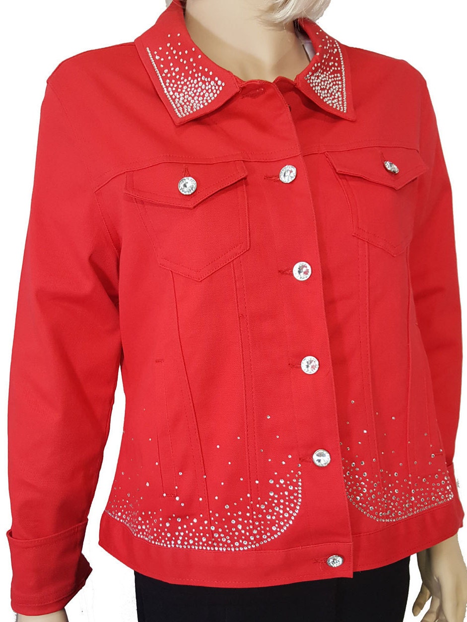 Bling stretch denim jacket red with long sleeves pockets and