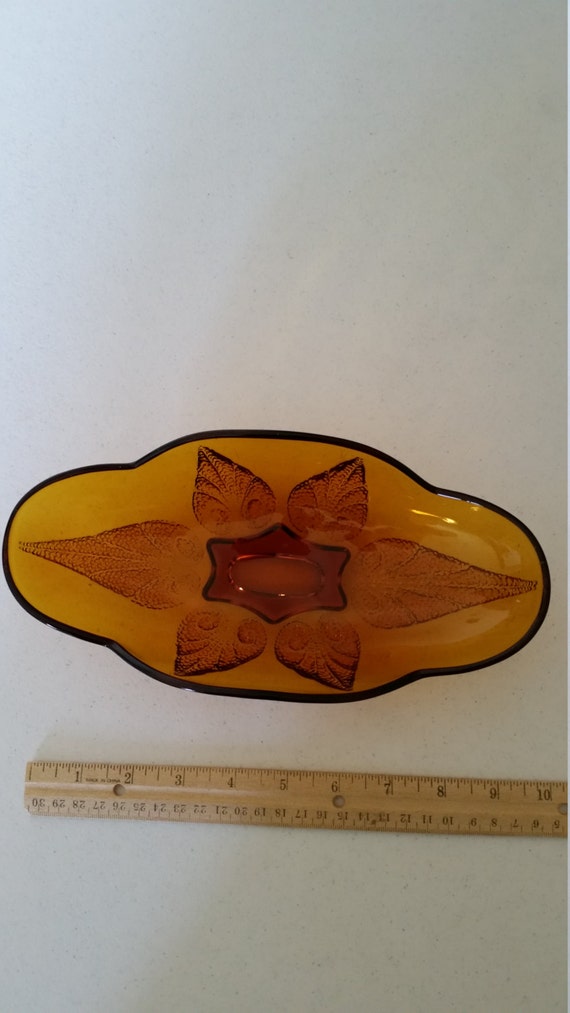 vintage amber oblong cut glass dish / bowl with embossed