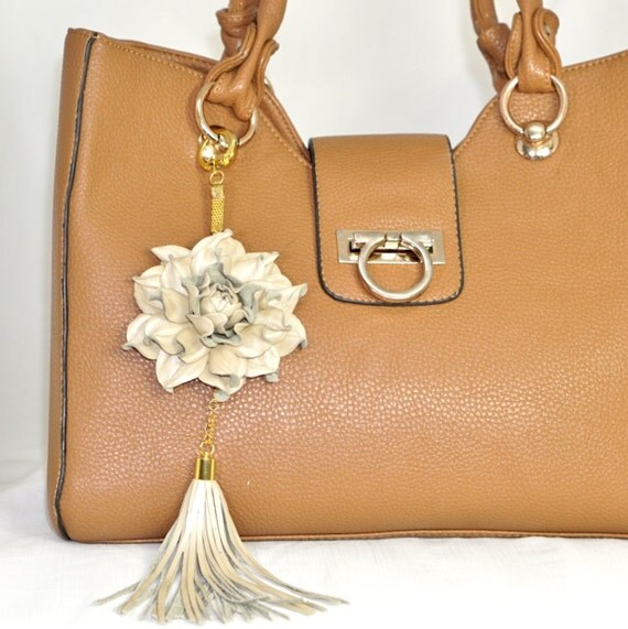 Genuine Leather Flower Bag Charm Rose Tassel Real Leather