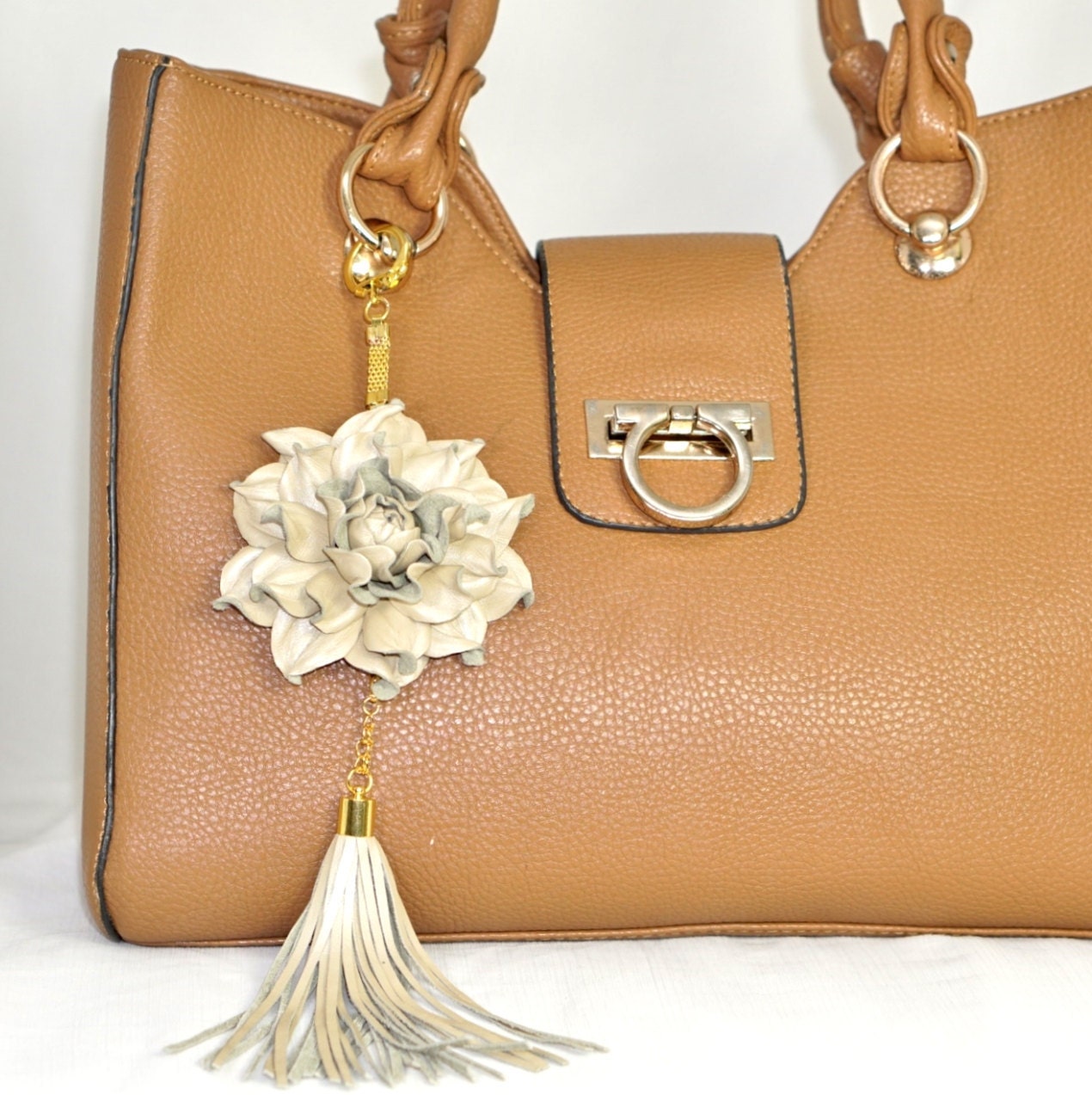 Genuine Leather Flower Bag Charm Rose Tassel Real Leather