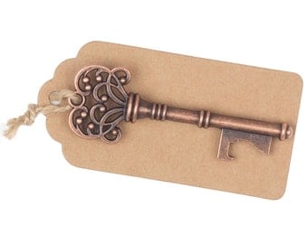 50 Key Bottle Openers with Tags & Twine, Vintage Skeleton Keys, Wedding Favors and Party Decorations, Antique Copper Rustic Steampunk Decor
