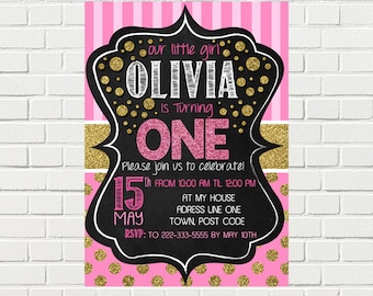 Pink and Gold Birthday Invitation| Polka dot - Stripes 1st Birthday Invite | Gold Glitter Pink | DIGITAL FILE - PRINTABLE