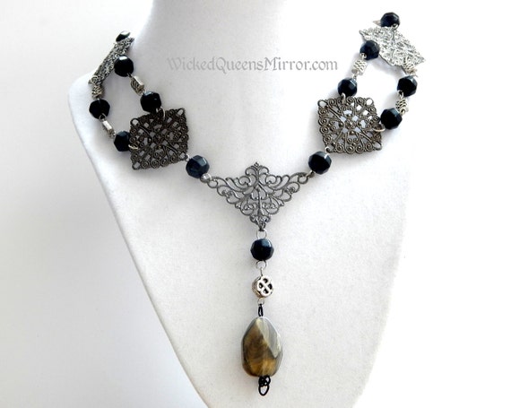 Gothic Necklace Black Gunmetal Jewelry Faceted Black Beads