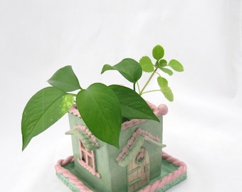 Ceramic Planter handbuilt Whimsical Cottage ooak garden gift home decor sculpture house plant claysoul pink green