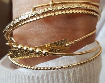 Gold Bangle Bracelets, Floral Pattern Bangle, Beaded Bangle, Secret Code Bracelet, Stacking Bracelets, Handmade Bracelets,