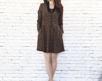 Vintage 90s Upcycled Velvet Collar Vest Tie Top Mini Dress Navy Brown Pattern Pockets