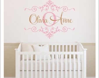 Girls Monogram Decal Nursery Wall Decal Girls Bedroom Decal Gold Wall Decal Metallic Gold Nursery Decal Wall Decal New Baby Blush and Gold