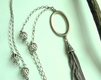 Necklace, Long Antique Silver Tassel Necklace, Chain & Bead Necklace, Antique Silver Chain Tassel, Boho Chain Necklace, Silver Ethnic Tassel