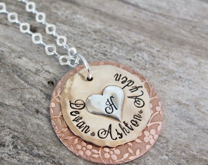 Mixed Metal Necklace - Hand Stamped Jewelry - flower pattern name necklace