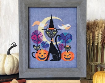 Halloween Cat - black cat witch - Satsuma Street cross stitch pattern PDF - Instant download