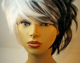 Short Black and White Wig, Cruella Deville, Black and While Two Tone Wig