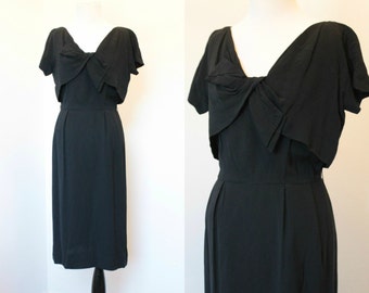 Vintage 1940's Black Rayon Dress// Size Large Short Sleeve Sheath Dress// Classic '40s Short Sleeve Empire Waist Dress
