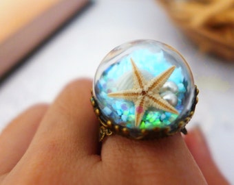 Glow in the Dark Jewelry, Real Starfish Ring, Sea Star Jewelry, Seashell Ring, Mermaid Ring, Glass Globe Statement Ring, Unique Ring for her