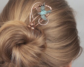 Hair Fork, Hair Stick, Patina Copper HairPin with Flying Bird, Antiqued, Unique Bun Pin, Unusual Hair Accessories for Women Gift for Her