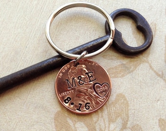 Personalized 1 Year Anniversary Keychain/ Stamped Penny/ 2017 2016 Couple Gift/ Wedding /Anniversary/ Her Gift For Him