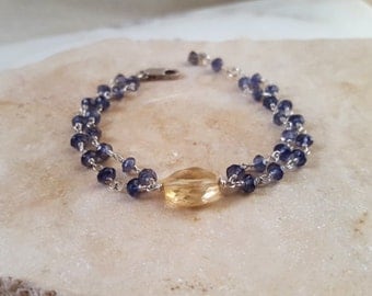 Sterling Silver Multi Strand Stacking Bracelet Iolite Citrine Modern Elegant Layering Chain Blue and Gold Fine Jewelry by Life Bijou