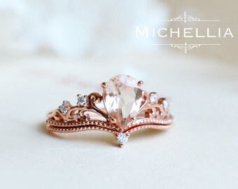 Pear Morganite Engagement Ring Set with Band, 14K 18K Rose Gold Vintage Crown Bridal Set, Art Deco Victorian Engagement Set with Diamond