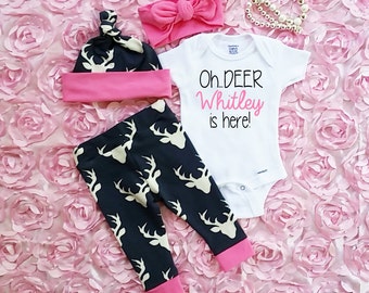 Baby Girl Coming Home Outfit, Deer Leggings, White Infant Bodysuit,Hat and Headband,Baby Girls Country Outfit,Customized Name,Newborn Baby