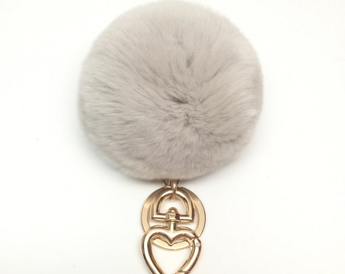 SUMMER SALE Heart Fur Pompom Keychain Rabbit Fur Ball Bag Charm Light Gray