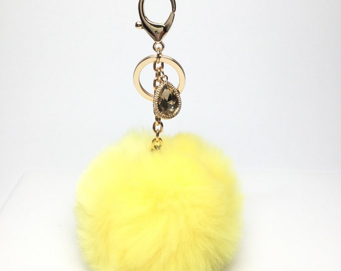 NEW! Faux Rabbit Fur Pom Pom bag Keyring keychain artificial fur puff ball in Bright Yellow Crystals Collection