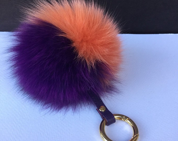 Fox Fur Pom Pom keychain luxury bag charm pendant keychain keyring in duo deep navy / forest green color tones strap and gold buckle