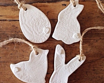 Set of four clay Easter decorations ~ Easter chick ~ Easter egg ~ 2 Easter bunnies