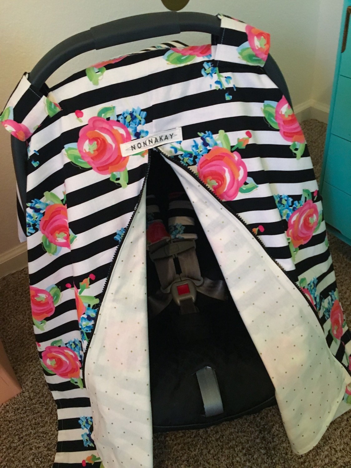 Baby Girl Car Seat Cover Stripes and Roses Black and White