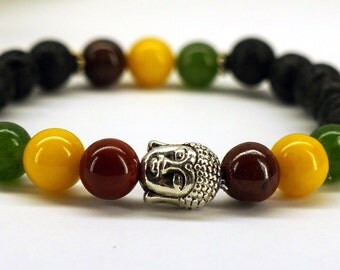 Rasta Buddha Bracelet, Lava Stone Bracelet, Reggae Bracelet, Gemstone Bracelet, Reggae Inspired, Healing Bracelet