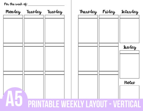 printable a5 planner inserts weekly vertical layout 3 section