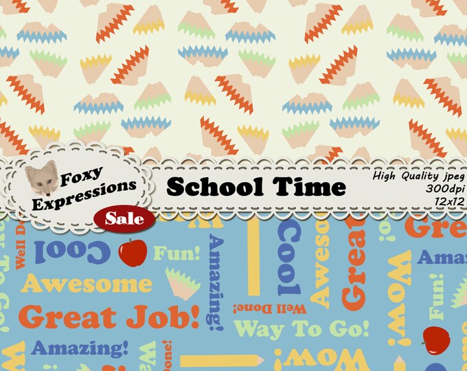 School Time Digital Paper comes in fun pencil shaving polka dots, colored pencil stripes, teacher apples, numbers, upbeat phrases and more.