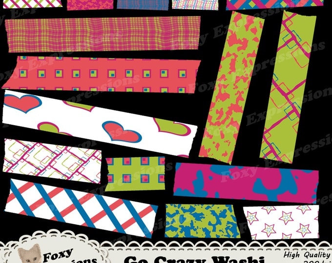 Go Crazy Washi Tape pack in fun heart, stars, weaves, stripes, waves, squares, and ink blots designs. Comes in green, blue, pink and purple.
