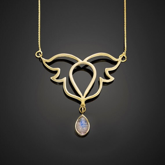 gold wings pendant moonstone drop 18k gold brass necklace gold wings pendant moonstone drop 18k gold brass necklace