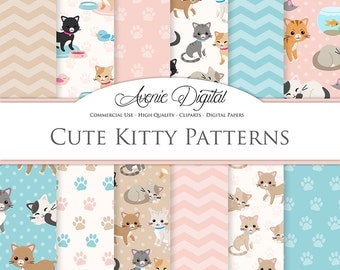 Cute Cat Digital Paper. Scrapbook Backgrounds, Kitty patterns for Commercial Use. pink and blue kittens, cats, pets paw prints
