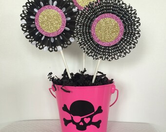 Pink Pirate centerpiece, pirate decoration ,skull + crossbones, black, pink & gold, hand made rosette fans , pirate birthday, pink bucket