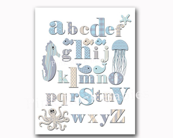 Nautical Nursery Alphabet Poster Abc Print Ocean Wall Decor Kids