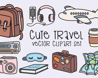 Premium Vector Clipart - Kawaii Travel Clipart - Kawaii Clip Art Set - High Quality Vectors - Instant Download - Kawaii Clipart