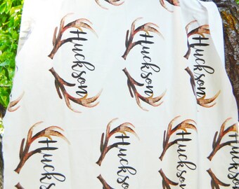 Personalized woodland antler name cotton knit swaddle baby boy blanket watercolor antlers be brave snuggle safety 36"X36"