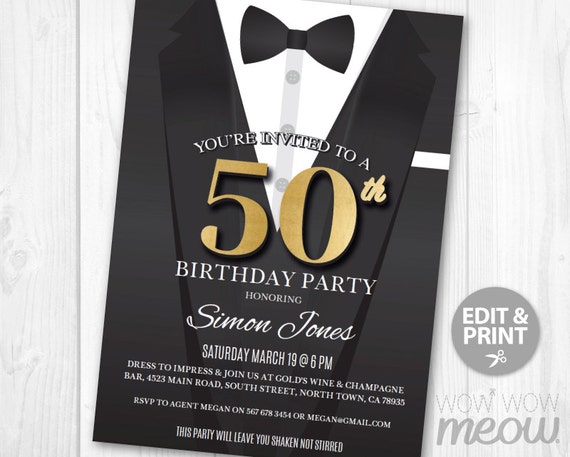 50th Birthday Invite Invitation FIFTY Black Tie Elegant Secret